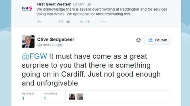 Твиты, показывающие извинения FGW и разочарования в эфире путешественника Клайва Седжибера