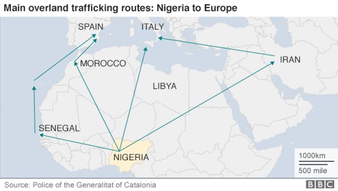 Карта, показывающая основные наземные маршруты торговли людьми из Нигерии