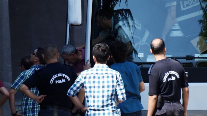Турецкие полицейские сопровождают арестованных солдат в суде в Анкаре, Турция, 18 июля 2016 года