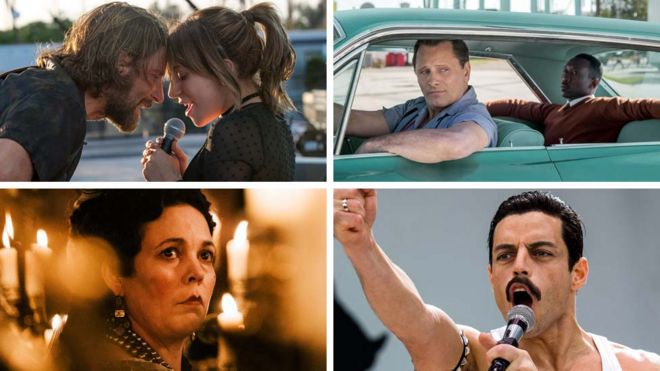 Clockwise from top left: A Star Is Born, Green Book, Bohemian Rhapsody, The Favourite
