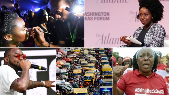 Слева вверху: визажист использует свет телефона, чтобы подготовить модель после электрической проблемы во время Недели моды в Лагосе. Вверху справа: Чимаманда Нгози Адичи. Внизу слева: музыкант Давидо. Нижний центр: Автобусы и покупатели в Лагосе, Нигерия. Справа внизу: участник кампании BringBackOurGirls