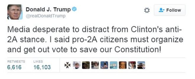 Дональд Трамп пишет в Твиттере: «СМИ отчаянно пытаются отвлечь внимание Клинтона от анти-2А позиции. Я сказал, что граждане за 2А должны организовать и получить право голоса, чтобы спасти нашу Конституцию! & Quot;