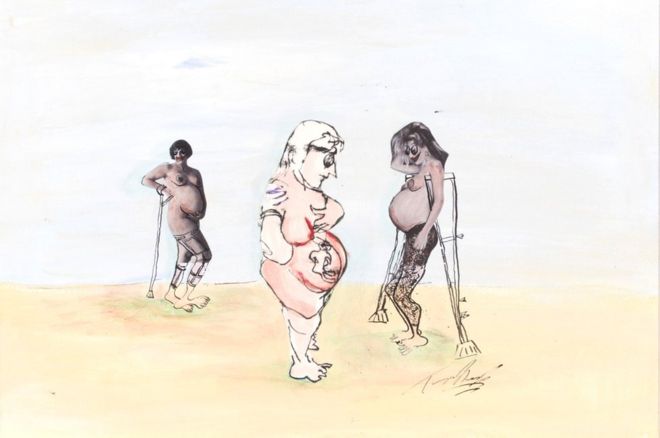 Рисунок трех голых беременных женщин-инвалидов