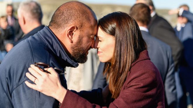 New Zealand Prime Minister Jacinda Ardern receives a hongi from Whale Watch Kaikoura General Manager Kauahi Ngapora at South Bay Marina on June 10, 2020 in Kaikoura, New Zealand.