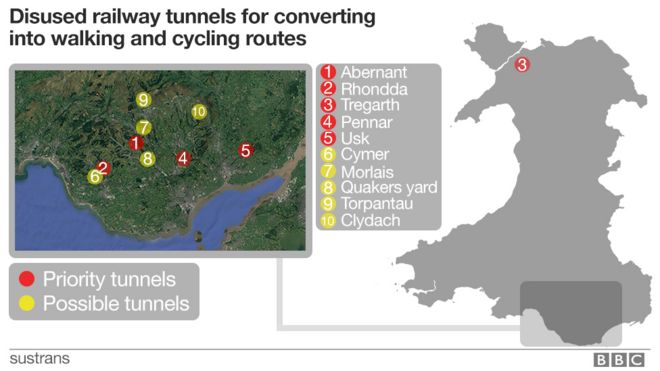 Карта вышедших из употребления железнодорожных туннелей в Уэльсе