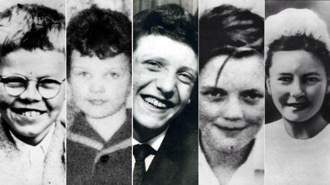 Составное изображение жертв мавров. Слева направо: Кит Беннетт, Лесли Энн Дауни, Эдвард Эванс, Джон Килбрайд и Полин Рид.