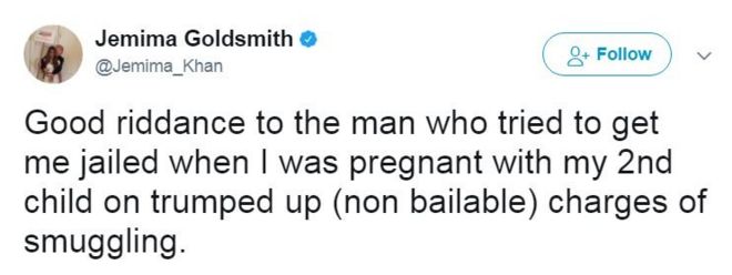 @Jemima_Khan написал в Твиттере: Хорошее избавление от человека, который пытался посадить меня в тюрьму, когда я была беременна моим вторым ребенком по сфабрикованным (не подлежащим освобождению) обвинениям в контрабанде.
