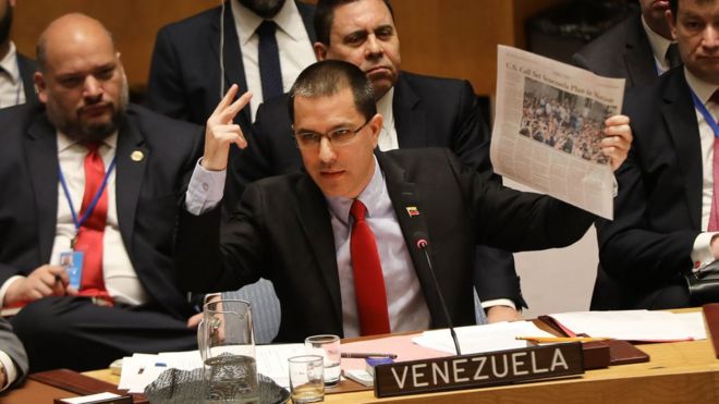 El ministro de Relaciones Exteriores de Venezuela, Jorge Alberto Arreaza, en su alocución ante el Consejo de Seguridad de la ONU.