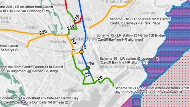 Транспортная карта Уэльса для запланированных линий метро в Кардиффе