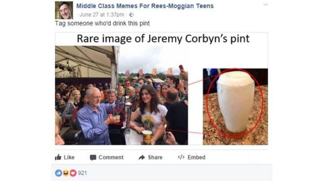 Мем со страницы Facebook: «редкое изображение пинты Джереми Корбина» - это в основном пена.