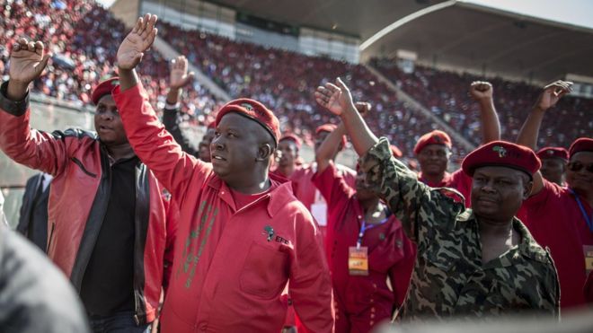 Лидер борцов за экономическую свободу Южной Африки Джулиус Малема машет своим сторонникам во время митинга в провинциях Претории 4 мая 2014 года