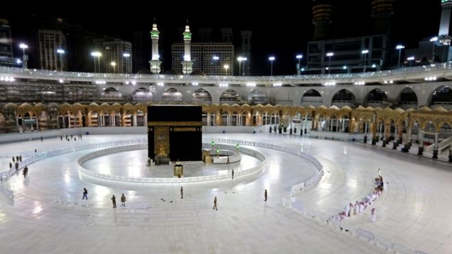 The Kaaba in Mecca's Great Mosque stands largely empty