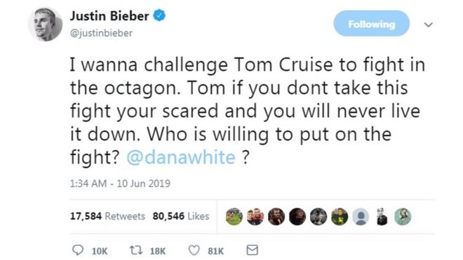 @justinbieber написал в Твиттере: «Я хочу бросить вызов Тому Крузу, чтобы он сражался в восьмиугольнике. Том, если ты не примешь этот бой, ты напуган и никогда не переживешь его. Кто готов вступить в борьбу? @danawhite & Quot;
