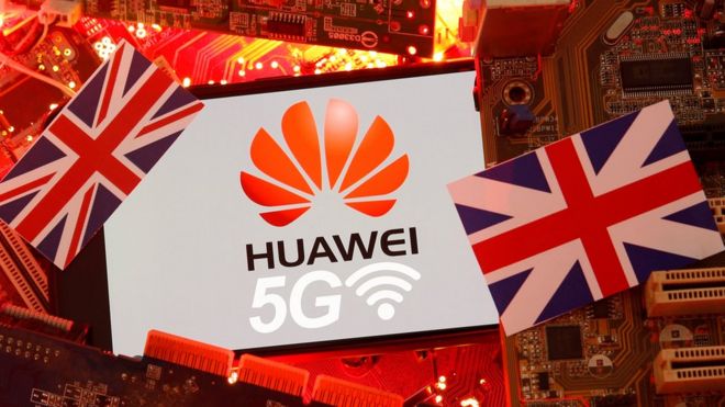 The union flag and Huawei logo on a PC motherboard