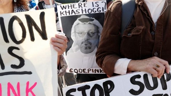 Activists hold a picture of Jamal Khashoggi during a demonstration in Washington DC