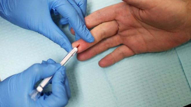 Blood sample being taken from a finger