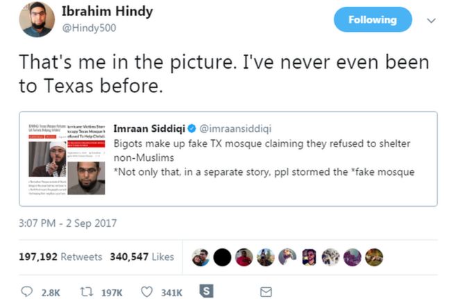 Твит Ибрагима Хинди, указывающий, что его фотография использовалась в фальшивой истории.