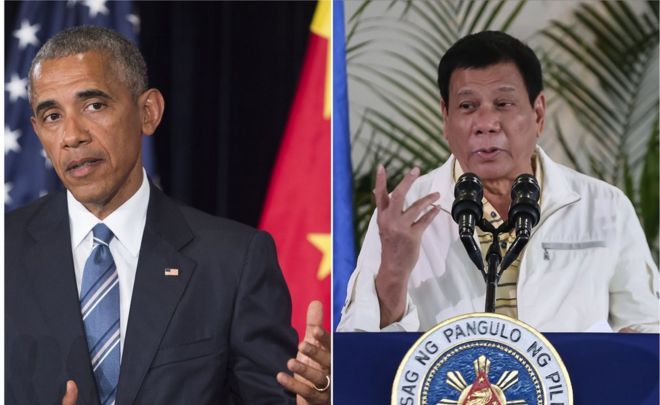 На этом комбинированном изображении двух фотографий, сделанных 5 сентября 2016 года, слева президент США Барак Обама выступает на пресс-конференции после завершения саммита G20 в Ханчжоу, Китай, а справа - президент Филиппин Родриго Дутерте на пресс-конференции. в городе Давао, Филиппины, до его отъезда в Лаос для участия в саммите АСЕАН.