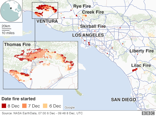 Карта, показывающая местонахождение лесных пожаров в Калифорнии