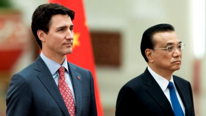 El primer ministro de Canadá, Justin Trudeau, y el primer ministro chino, Li Keqiang.