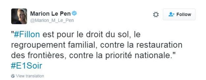 Племянница Марин Ле Пен пишет в Твиттере так: Фийон за национальное право на рождение, за воссоединение семьи, против восстановления границ, против национального приоритета