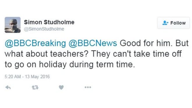 @BBCBreaking @BBCNews Хорошо для него. Но как насчет учителей? Они не могут взять отпуск, чтобы пойти на каникулы во время семестра.
