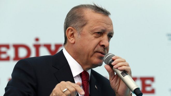 Президент Реджеп Тайип Эрдоган обращается к своим сторонникам во время церемонии открытия в Стамбуле.