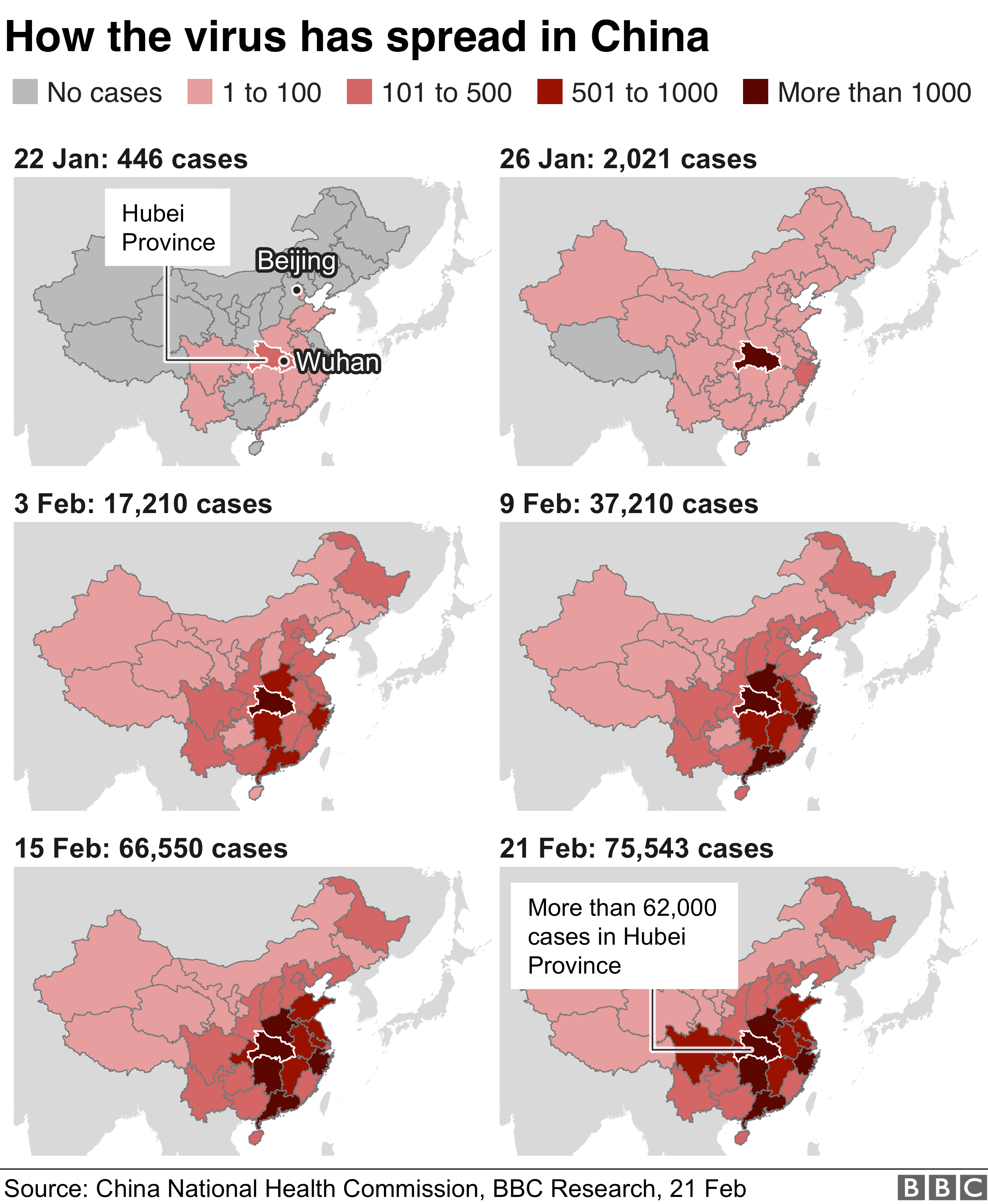 Maps of the spread coronavirus in China. From 446 on Jan 22 to more than 75,000 today