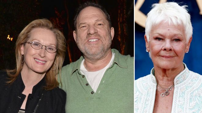 Meryl Streep and Harvey Weinstein in 2005 and Dame Judi Dench in 2017