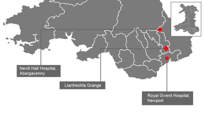 Карта с указанием существующих и предлагаемых крупных больниц в Гвент