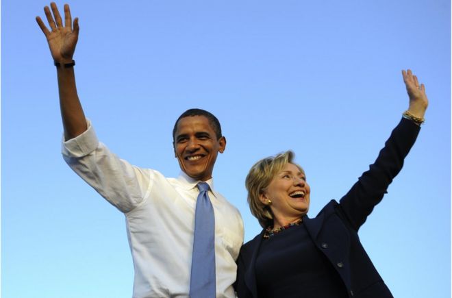 Barack Obama and Hillary Clinton campaign together ahead of the 2008 presidential election