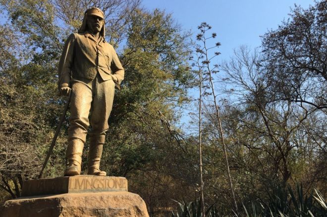 The statue of David Livingstone next to the Victoria Falls