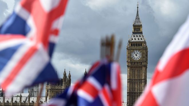 Union flags and England flags flutter in foreground, with Big Ben and the Houses of Parliament in the background