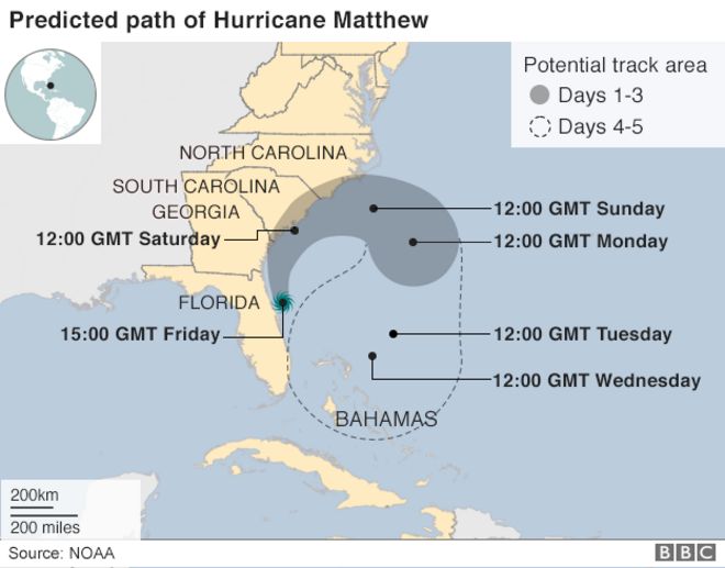 Карта показывает путь урагана Мэтью от Багамских островов к Флориде и другим восточным штатам США