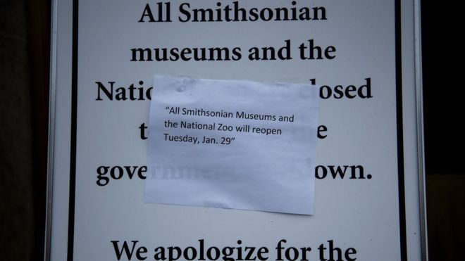 Знак возле Смитсоновского американского исторического музея сообщает посетителям, когда он снова будет открыт, пока правительство США готовится к временному трехнедельному открытию в Национальном торговом центре 27 января 2019 года в Вашингтоне, округ Колумбия.