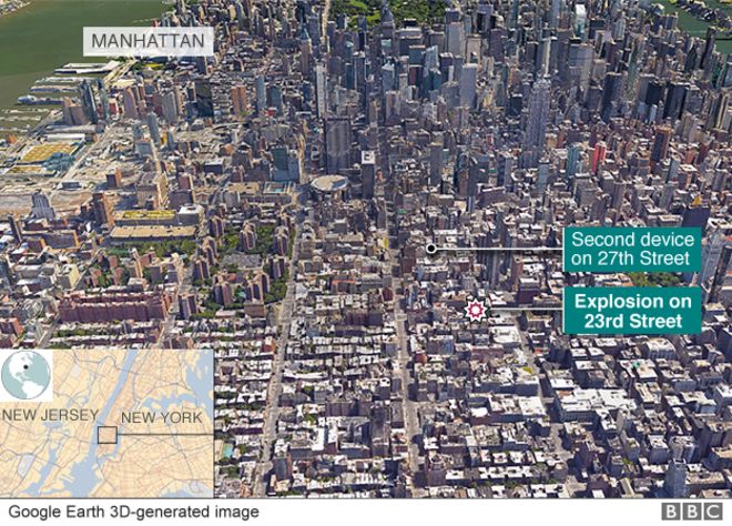Местоположение инцидентов с бомбами в Нью-Йорке, показанное на трехмерном изображении Манхэттена