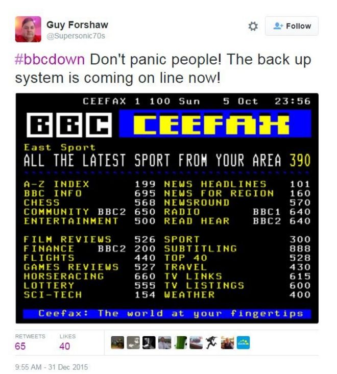 Чирикать: #bbcdown Не паникуйте людей! Система резервного копирования теперь в сети!