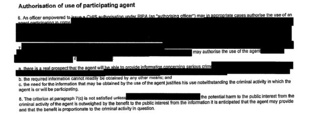 Отредактированный документ с указанием политики, регулирующей то, как MI5 может разрешать своим агентам совершать преступления