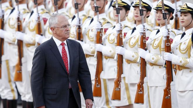 В прошлом году премьер-министр Австралии Малкольм Тернбулл получил церемонию приветствия у Большого зала народа Пекина