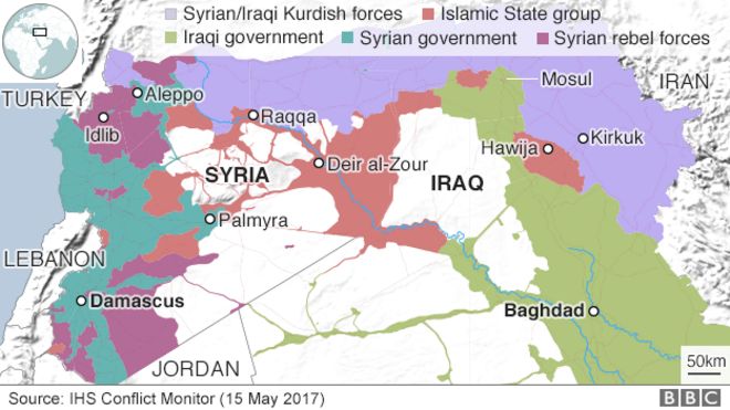 Карта, показывающая контроль над Ираком и Сирией (15 мая 2017 года)