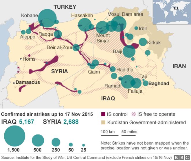 Карта с указанием местоположения ударов коалиции под руководством США в Сирии - 6 ноября 2015 года