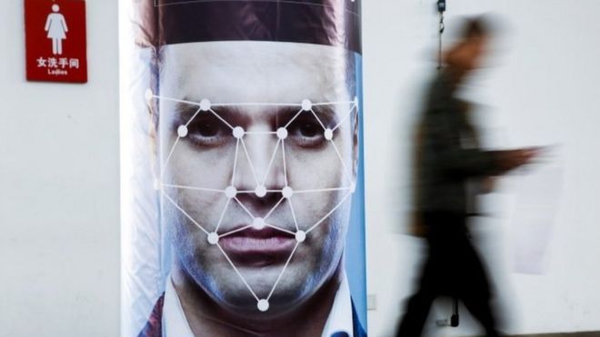 A poster showing facial recognition software in China