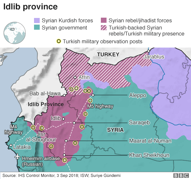 Карта показывает районы контроля в провинции Сирия Идлиб по состоянию на 3 сентября 2018 года