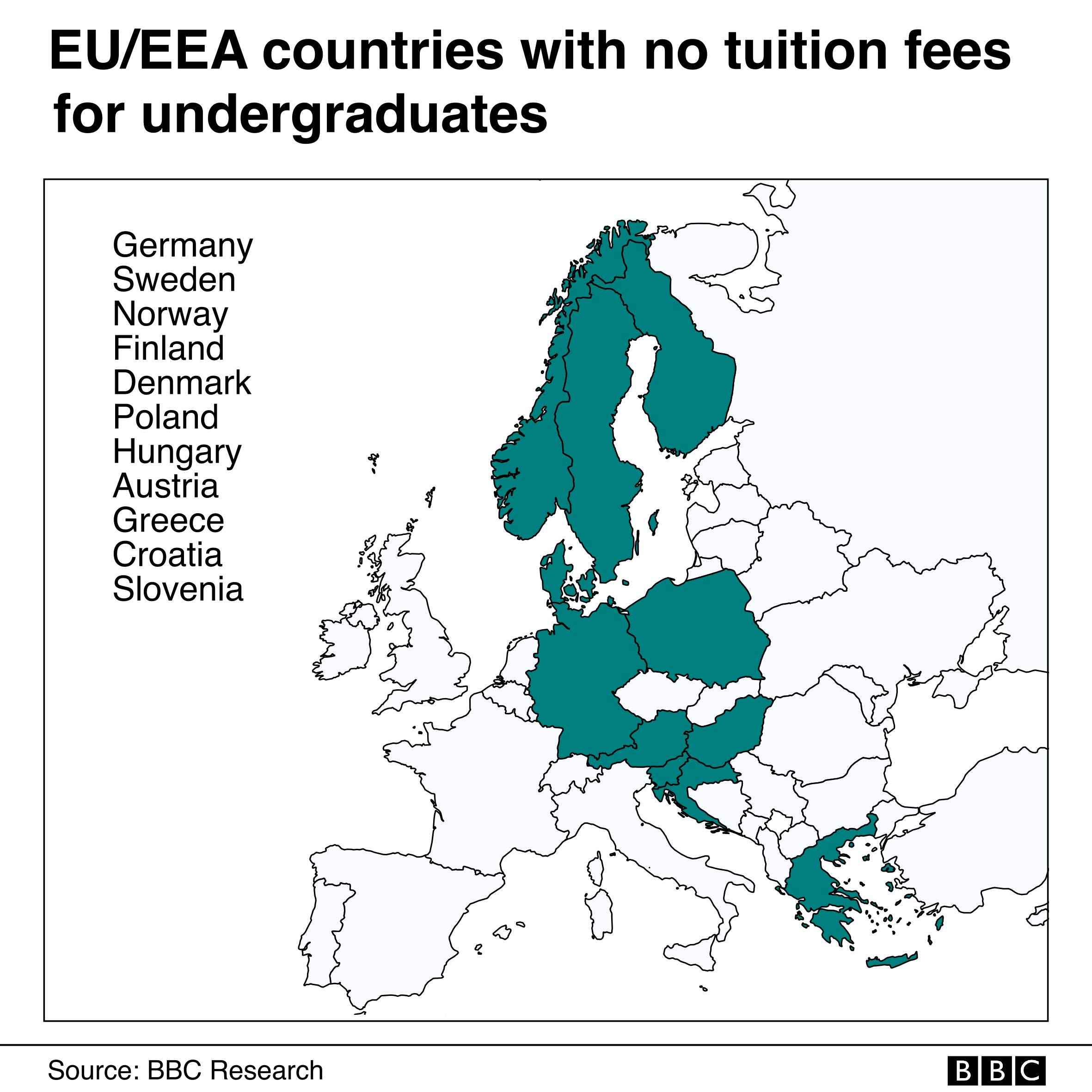 Карта Европы с 11 странами, где студенты не платят за обучение