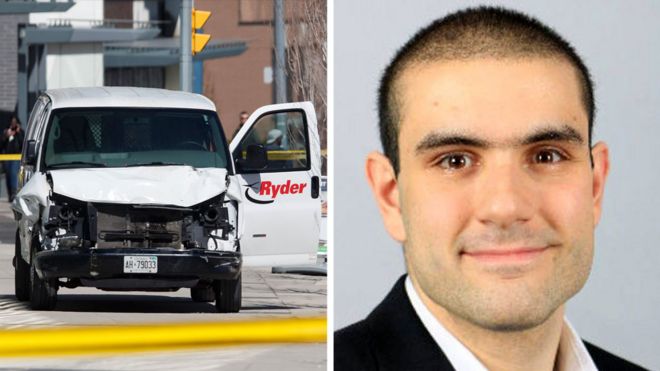 Van suspected of being involved in attack in Toronto and the attack suspect Alek Minassian, 24 April 2018, from his LinkedIn profile