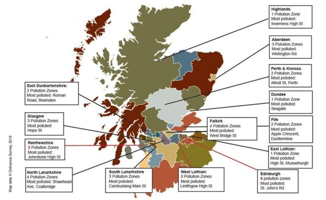 Карта зон загрязнения воздуха в Шотландии