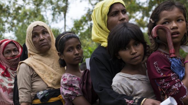 Rohingya refugee women in Bangladesh queue for food. file photo