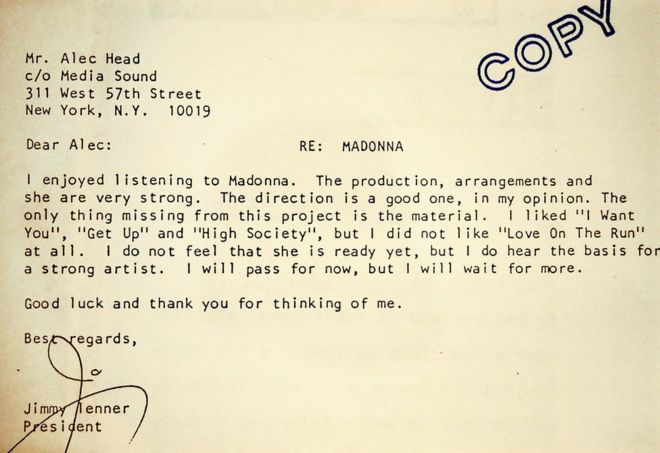 Madonna's 1981 rejection letter is up for sale at a Sotheby''s auction of Madonna memorabilia July 18, 2001 in New York City
