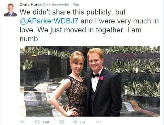 Твит от очевидного парня Элисон Паркер, Криса Херста, который гласит: «Мы не делимся этим публично, но @ AParkerWDBJ7 и я были очень влюблены. Мы просто переехали вместе. Я оцепенел & quot;