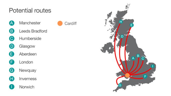 Карта потенциальных воздушных маршрутов Кардиффа в Великобритании